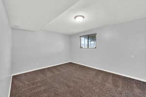 Unfurnished room featuring a textured ceiling and carpet floors