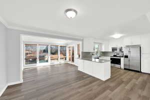 Kitchen featuring white cabinets, appliances with stainless steel finishes, open floor plan, a peninsula, and light stone counters