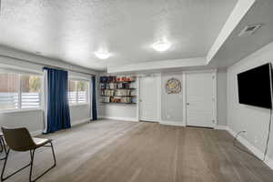 Sitting room featuring a textured ceiling and light carpet