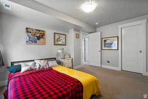 Bedroom with carpet flooring and a textured ceiling