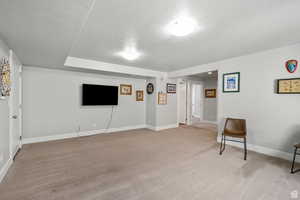Unfurnished room with a textured ceiling and light colored carpet