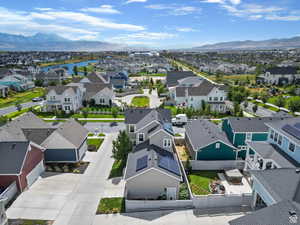 Aerial perspective of suburban area with mountains