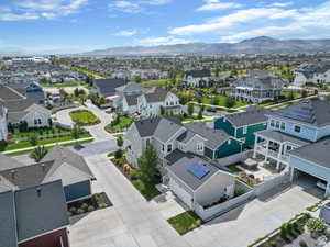 Aerial view of residential area with mountains