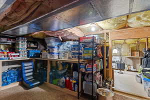 crawl space storage with built-in shelving, featuring approximately half full-height space and half with 3–4 ft height