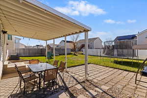 Spacious fenced backyard with covered patio