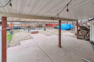 Fenced backyard with a patio area