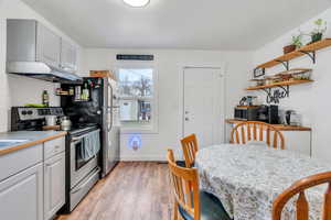 Kitchen featuring stainless steel appliances, white cabinetry, light wood-type flooring, light countertops, and under cabinet range hood