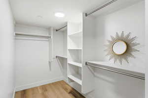 Spacious closet featuring light wood-style flooring