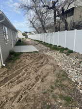 Fenced backyard with a patio area