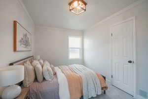 Bedroom with ornamental molding and carpet flooring