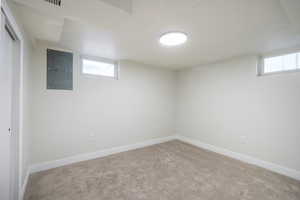 Below grade area with electric panel and carpet flooring