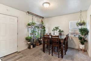 Dining area with a textured ceiling and carpet floors
