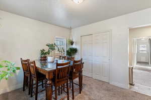 Dining area with light colored carpet and a textured ceiling