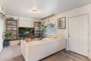 Living area with a textured ceiling