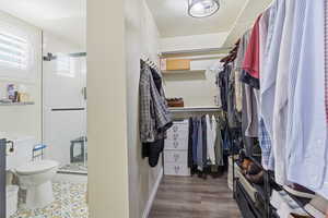 Walk in closet with dark wood-style flooring
