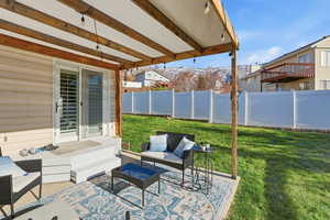 View of patio / terrace featuring a mountain view and outdoor lounge area