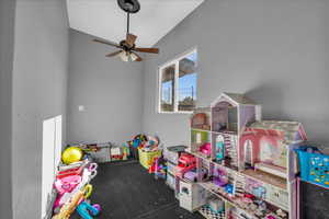 Recreation room with ceiling fan