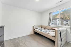 Bedroom featuring light carpet and a mountain view