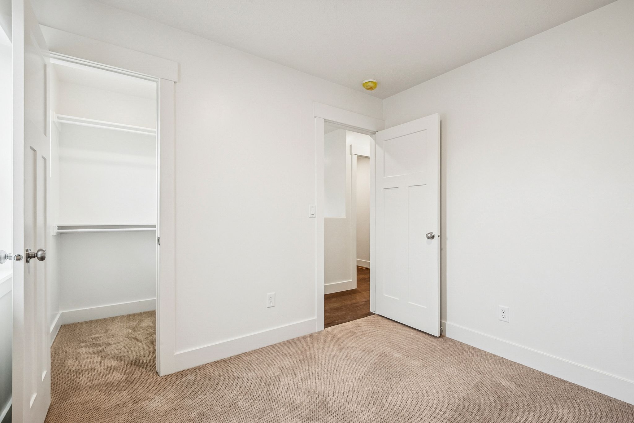 Unfurnished bedroom featuring light colored carpet and a spacious closet