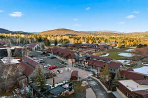 Aerial perspective of suburban area with a mountain backdrop