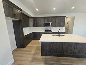 Kitchen with dark brown cabinetry, stainless steel appliances, backsplash, light wood-type flooring, and light stone counters