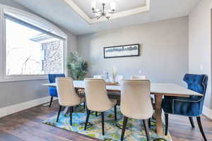 Dining space featuring dark wood-style floors, a tray ceiling, a chandelier, and ornamental molding