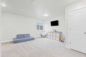 Living area with carpet flooring and baseboards