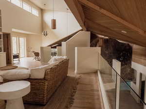 Interior space with a high ceiling