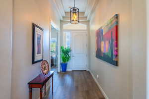 Entryway with dark wood finished floors and a tray ceiling