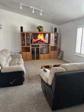 Living area with carpet, rail lighting, and a textured ceiling