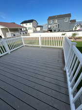 Wooden deck featuring a residential view and a fenced backyard