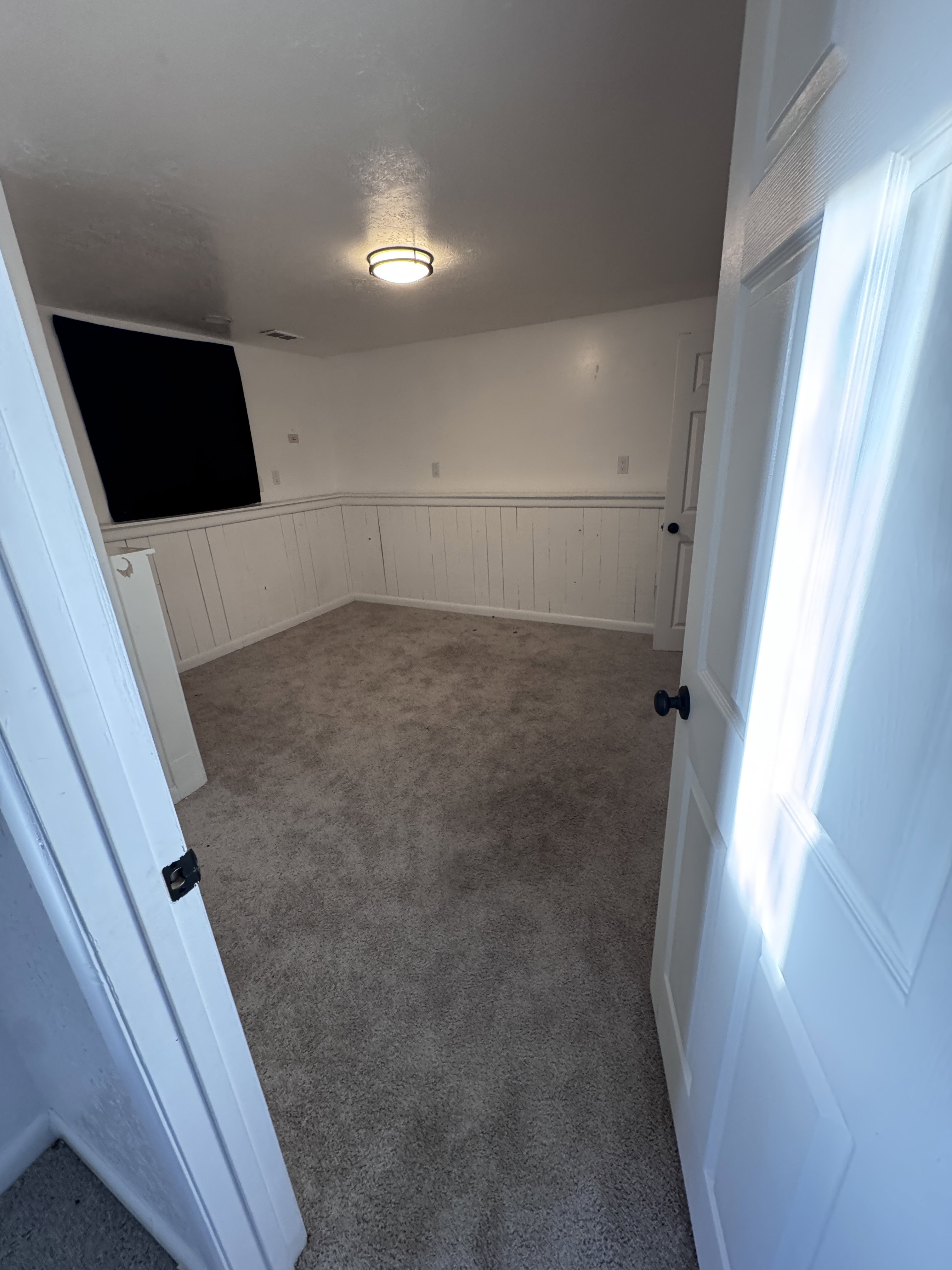 Carpeted spare room with a wainscoted wall