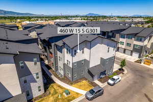 Aerial view of residential area with a mountain backdrop