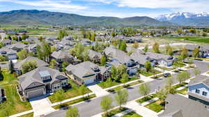 Aerial perspective of suburban area with mountains