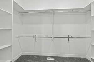 Primary walk in closet with carpet floors