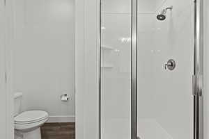 Primary bathroom featuring a stall shower and dark wood-type flooring