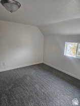Additional living space with dark carpet and vaulted ceiling