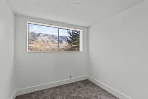 Carpeted spare room featuring a textured ceiling and a mountain view