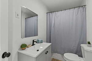 Full bathroom featuring vanity, a shower with shower curtain, and wood finished floors