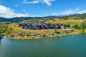 Aerial view of a water and mountain view