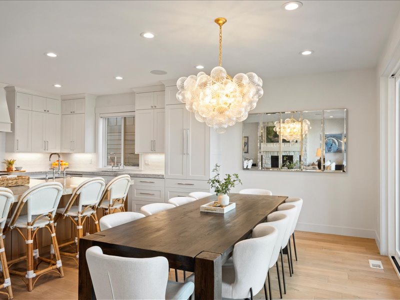 Dining space featuring recessed lighting, a chandelier, and light wood finished floors