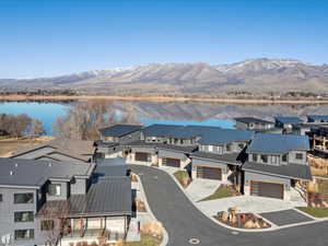 Aerial view of residential area with a water and mountain view