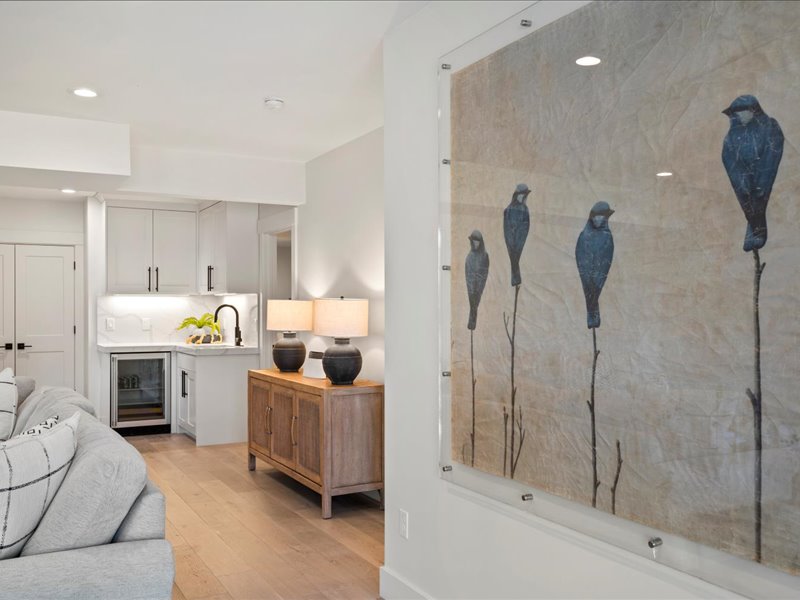 Bedroom featuring beverage cooler, recessed lighting, and light wood-style floors