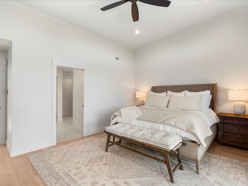 Bedroom featuring light wood finished floors and a ceiling fan