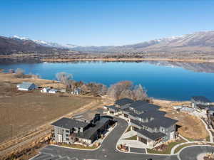 Aerial view of a water and mountain view