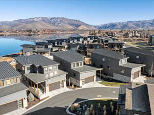 Aerial view of residential area with mountains