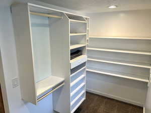 Walk in closet featuring dark colored carpet