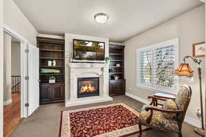Sitting room in main bedroom with carpet, a gas log  fireplace and built-in shelving / cabinets