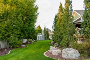 Summer view of green lawn with a storage shed