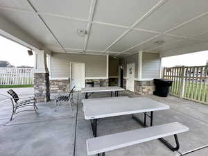 Community patio with picnic area and bathrooms